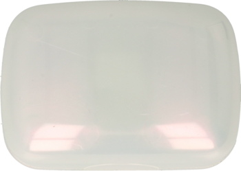 Mydelniczka podróżna perłowa, półprzezroczysta, prostokątna, z mlecznego tworzywa, widok z góry.