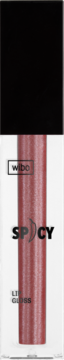 WIBO Spicy błyszczyk do ust w przezroczystej tubce z czarną nakrętką, kolor czerwono-brązowy, powiększający.