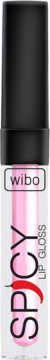 WIBO Spicy Lip Gloss w przezroczystej tubce, różowy odcień, czarna zakrętka, widok z przodu.