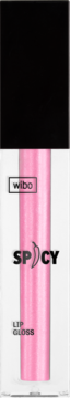 WIBO Spicy różowy błyszczyk do ust w przezroczystej tubce z czarnym zamknięciem, widok z przodu.