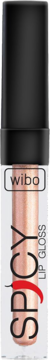 Błyszczyk WIBO Spicy w przezroczystej tubce z czarną zakrętką, jasny, mieniący odcień, widoczny napis SPICY z chili.