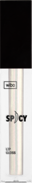 Błyszczyk do ust Wibo Spicy Lip Gloss, iryzująca tubka z czarną nakrętką, napis Spicy z chili, widok z przodu.