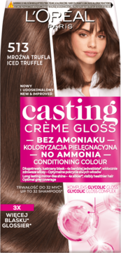 L'Oréal Casting Crème Gloss 513 Iced Truffle, brązowa farba bez amoniaku dla lśniących włosów, widok z przodu.
