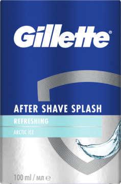 Woda po goleniu Gillette Series Arctic Ice w niebiesko-srebrnej butelce, widok z przodu z kroplami wody.