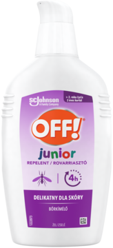 Biała butelka OFF! Junior żelu na komary z pompką, fioletowa etykieta 'DELIKATNY DLA SKÓRY'.