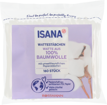 Opakowanie patyczków kosmetycznych ISANA ze 100% bawełny, 160 sztuk, papierowe patyczki, bez chloru, widok z przodu.