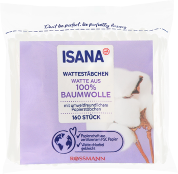 Opakowanie patyczków kosmetycznych Isana, 160 sztuk, z bawełnianymi główkami, fioletowa etykieta, widok z przodu.