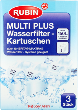 Front opakowania Rubin MultiPlus, 3 wkłady filtrów wody do 150L, niebiesko-białe pudełko, kompatybilne z Brita Maxtra.