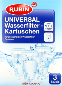 Niebiesko-białe opakowanie Rubin Universal Kartusze do wody, 3 sztuki, do 100L, widok z przodu, z obrazem filtrów w wodzie.
