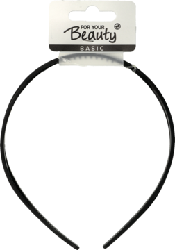 Czarna karbowana opaska do włosów na opakowaniu "FOR YOUR BEAUTY BASIC", widok z przodu.