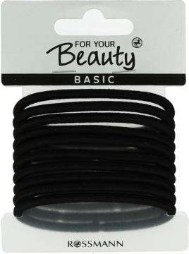 Czarne, elastyczne gumki do włosów For Your Beauty BASIC w przezroczystym opakowaniu, widok z przodu.