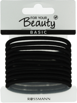 Czarne, elastyczne gumki do włosów For Your Beauty BASIC w przezroczystym opakowaniu, widok z przodu.