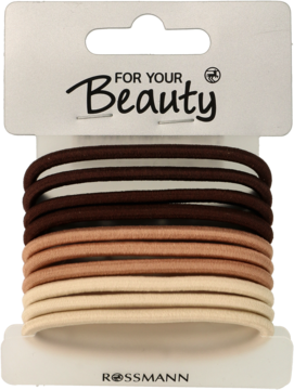 Gumki do włosów Rossmann w odcieniach od ecru do ciemnego brązu, na białym opakowaniu, widok z przodu.