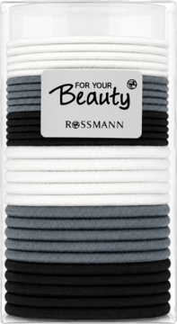 Gumki do włosów For Your Beauty Rossmann, bez metalowych łączeń, w czarno-biało-szarej warstwowej formie, widok z przodu.