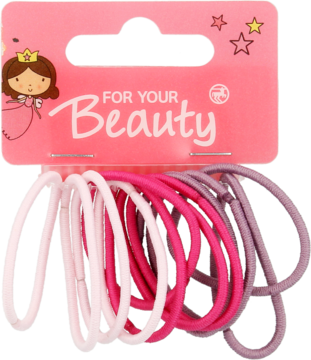 Zestaw 6 elastycznych gumek do włosów w kolorach: różowym, fuksjowym i fioletowym, zawieszonych na kartoniku "FOR YOUR Beauty".