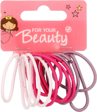 Zestaw 6 elastycznych gumek do włosów w kolorach: różowym, fuksjowym i fioletowym, zawieszonych na kartoniku "FOR YOUR Beauty".