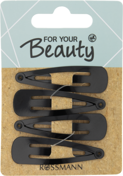 Cztery czarne, płaskie spinki do włosów For Your Beauty na kartonowym blistrze Rossmann, widok z przodu.