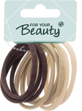 Zestaw elastycznych gumek do włosów For Your Beauty w brązach i beżach, na etykiecie. Widok z przodu.