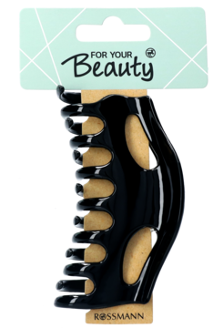 Duża, czarna klamra do włosów typu berta z ząbkami, na opakowaniu For Your Beauty Rossmann.