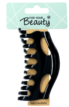 Duża, czarna klamra do włosów typu berta z ząbkami, na opakowaniu For Your Beauty Rossmann.