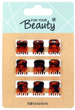 9 spinek-motylk3w do w3os3w Rossmann, szylkretowe, na br3zowym kartoniku z napisem 'For Your Beauty'.