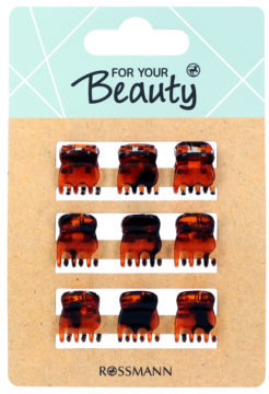 9 spinek-motylk3w do w3os3w Rossmann, szylkretowe, na br3zowym kartoniku z napisem 'For Your Beauty'.