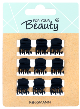 Zestaw 9 czarnych spinek do włosów typu motylki For Your Beauty, widok z przodu na kartonowym opakowaniu Rossmann.