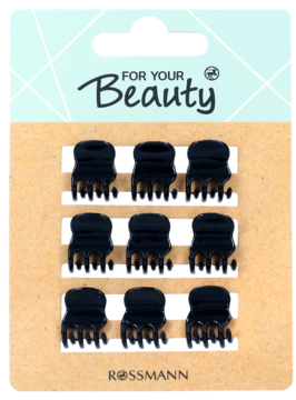 Zestaw 9 czarnych spinek do włosów typu motylki For Your Beauty, widok z przodu na kartonowym opakowaniu Rossmann.
