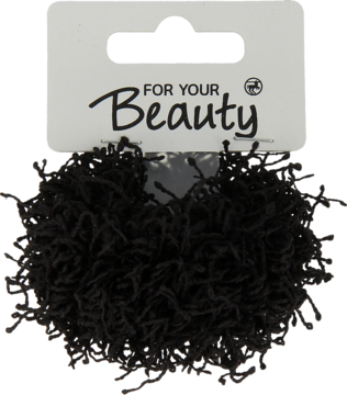 Czarne gumki do włosów Molly, wyglądające jak puszysta kulka, z etykietą 'FOR YOUR Beauty' na białej zawieszce.