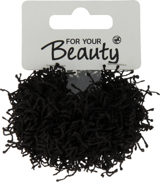 Czarne gumki do włosów Molly, wyglądające jak puszysta kulka, z etykietą 'FOR YOUR Beauty' na białej zawieszce.