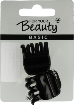 Dwie czarne klamerki do włosów w kształcie małych dłoni, na białym blistrze For Your Beauty Basic, widok z przodu.