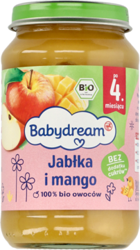 Słoiczek Babydream, deserek jabłko i mango dla niemowląt od 4 m. na zielono-różowej etykiecie.