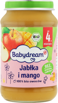 Słoiczek Babydream jabłka i mango dla niemowląt po 4 m. życia, 100% bio owoców, bez dodatku cukru.
