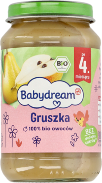 Słoiczek Babydream Gruszka po 4. miesiącu, bio, bez dodatku cukrów, różowa etykieta z owocami.