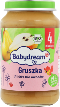 Babydream Gruszka, deserek dla niemowląt w szklanym słoiczku, bio, bez cukru, po 4. miesiącu, widok z przodu.