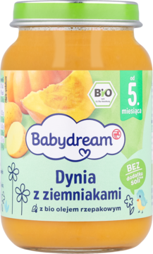 Słoik Babydream: BIO przecier dyniowo-ziemniaczany z bio olejem rzepakowym, od 5 miesiąca, bez soli. Widok z przodu.