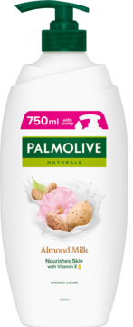 Palmolive Naturals Almond Milk shower cream 750ml, white bottle with green pump, front view, almonds.