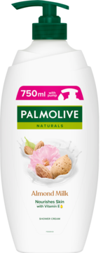 Palmolive Naturals Almond Milk shower cream 750ml, white bottle with green pump, front view, almonds.