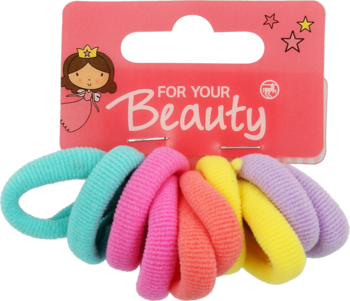 Komplet 10 pastelowych gumek frotek dla dzieci na różowej zawieszce z napisem FOR YOUR Beauty. Widok z przodu.