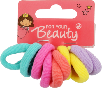 Komplet 10 pastelowych gumek frotek dla dzieci na różowej zawieszce z napisem FOR YOUR Beauty. Widok z przodu.