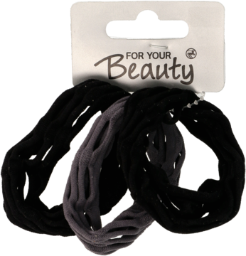 Trzy gumki do włosów Geli: dwie czarne i jedna szara, grubego typu, na metce 'FOR YOUR Beauty', widok z przodu.