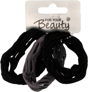 Trzy gumki do włosów Geli: dwie czarne i jedna szara, grubego typu, na metce 'FOR YOUR Beauty', widok z przodu.