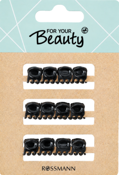 Czarne spinki do włosów typu motylki, 12 sztuk, na brązowym opakowaniu For Your Beauty, widok z przodu.