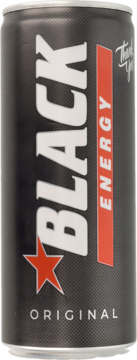 Pionowa czarna puszka napoju energetycznego Black Energy Original. Widoczne białe logo, czerwony pas i gwiazda.