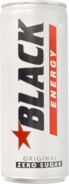 Biała puszka napoju Black Energy Zero Sugar, z czarnym napisem BLACK, czerwonym pasem ENERGY i gwiazdą.