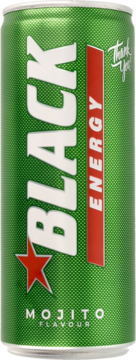 Puszka Black Energy Mojito, zielona, widok z przodu. Białe napisy, czerwona gwiazda i pasek ENERGY.