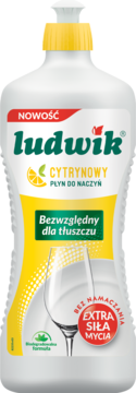 Biała butelka Ludwik cytrynowy płyn do naczyń, z żółtą etykietą, widok z przodu, napis "Bezwzględny dla tłuszczu".