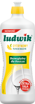 Biała butelka płynu Ludwik Cytrynowy do naczyń. Widok z przodu, z żółtą etykietą, bezwzględny dla tłuszczu.