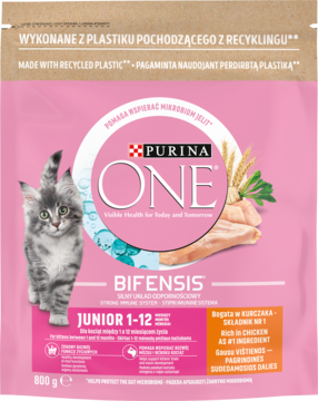 Purina ONE Bifensis Junior 1-12 karma dla kociąt 800g, różowe opakowanie z kociakiem i kurczakiem, widok z przodu.