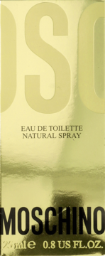Złote, błyszczące opakowanie wody toaletowej Moschino 25ml. Widok z przodu z czarnym logo i napisem EAU DE TOILETTE.